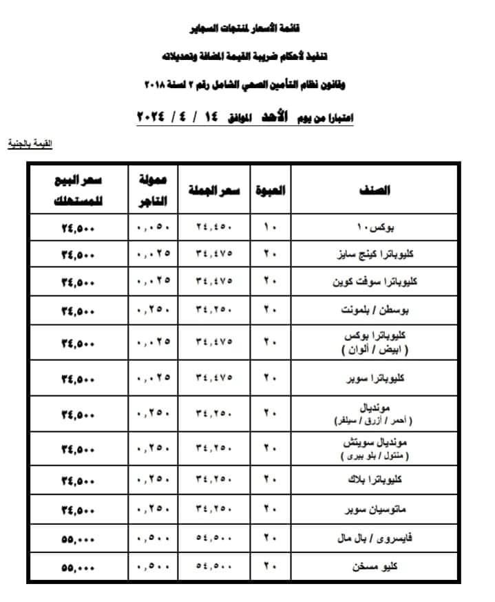 إرتفاع أسعار السجاير "البوكس وكليوباترا" والتطبيق في هذا الموعد! 2 2024 4 13 23 55 18 758